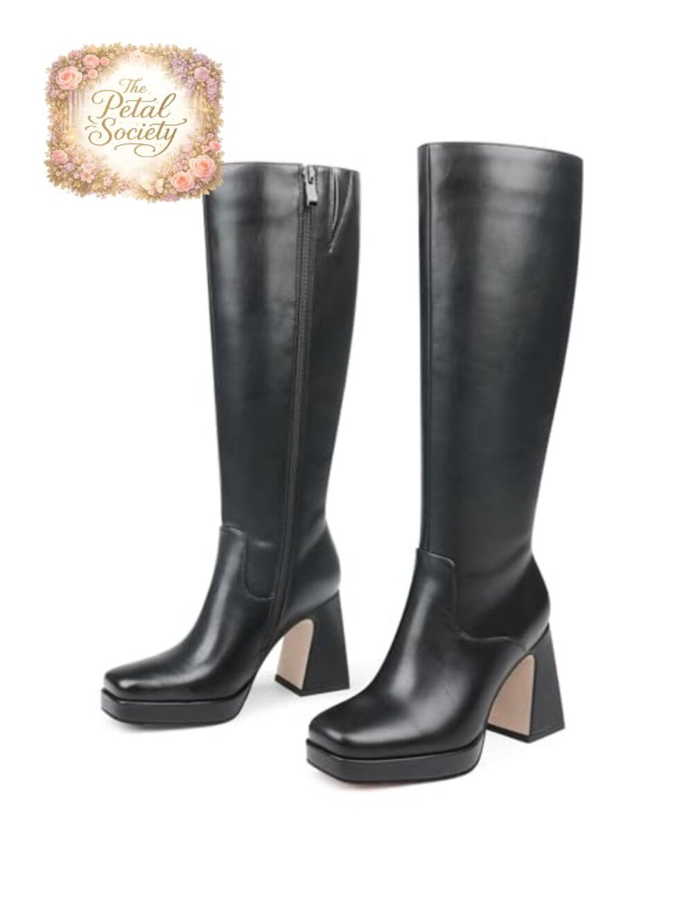 Women's Knee High Boots Pointed Toe Chunky Block Heel Faux Leather